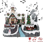 MUMTOP Christmas Village Snow Church with Rotating Train, Light Up Animated Moving Skaters and Christmas Tree with Music for Indoor Holiday Xmas Tabletop Decor