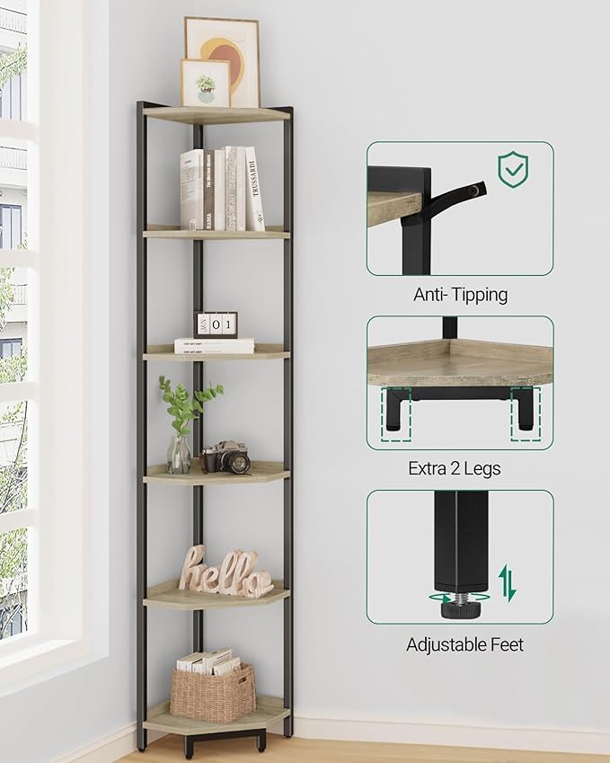Hzuaneri Corner Shelf Stand, Corner Bookshelf, Storage Standing Shelf Unit with Metal Frame, Plant Stand, Bookcase for Living Room, Home Office, Bedroom, 6-Tier Greige CS06005B