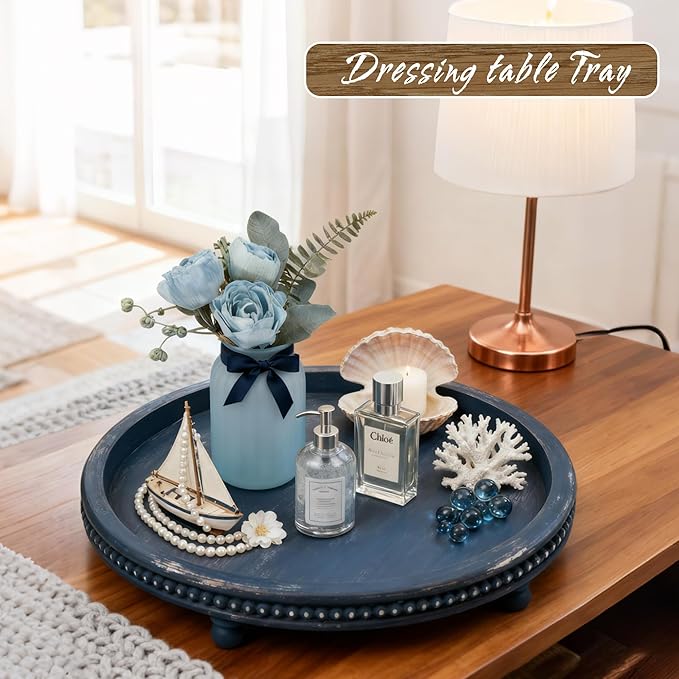 Handmade 12 Inch Decorative Tray, Small Beaded Tray Coffee Table Decor, Blue Decorative Display Risers for Coffee Table, Dining Room Entryway and Living Room