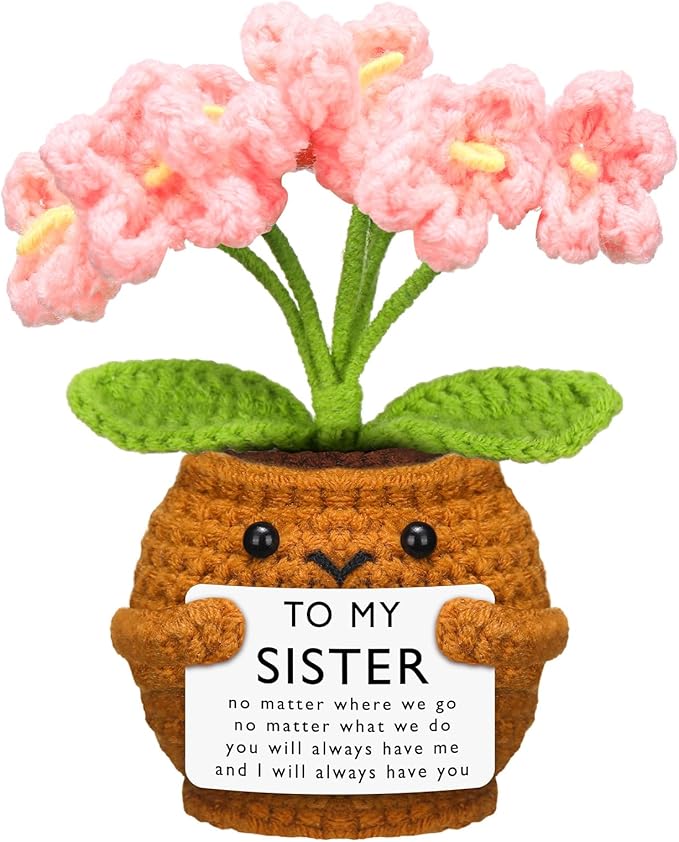 Wavwavw Sister Gifts Handmade Crochet Doll with Card Crochet Present for Sisters Sis Big Little Sister Birthday Wedding Home Decor(Pink Myosotis)