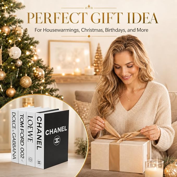 PROBENEX White Large | 4 PCS Faux Decorative Book Boxes | Not Real Books, Cardboard Foldable Display Props | Home Decor for Coffee Table, Bookshelf, Living Room, Office