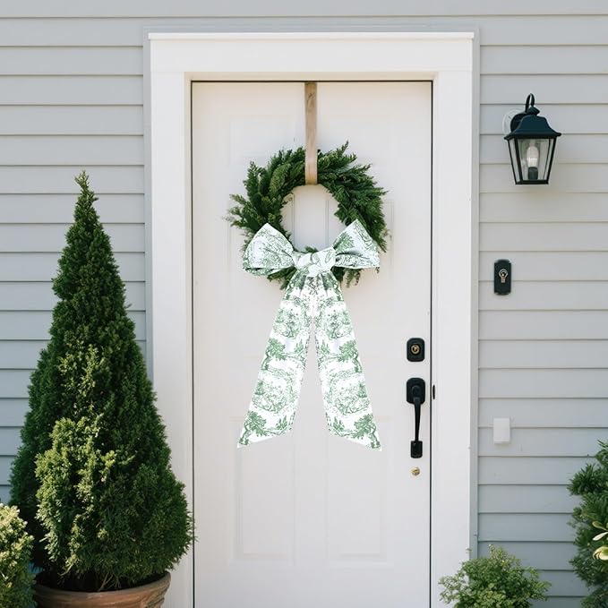 Green Wreath Sashes for Front Door - 2 Pcs Greenery French Toile Sash for Wreath Garland Indoor Outdoor, Rustic Wreaths Sash for Embroidery Monogram Farmhouse