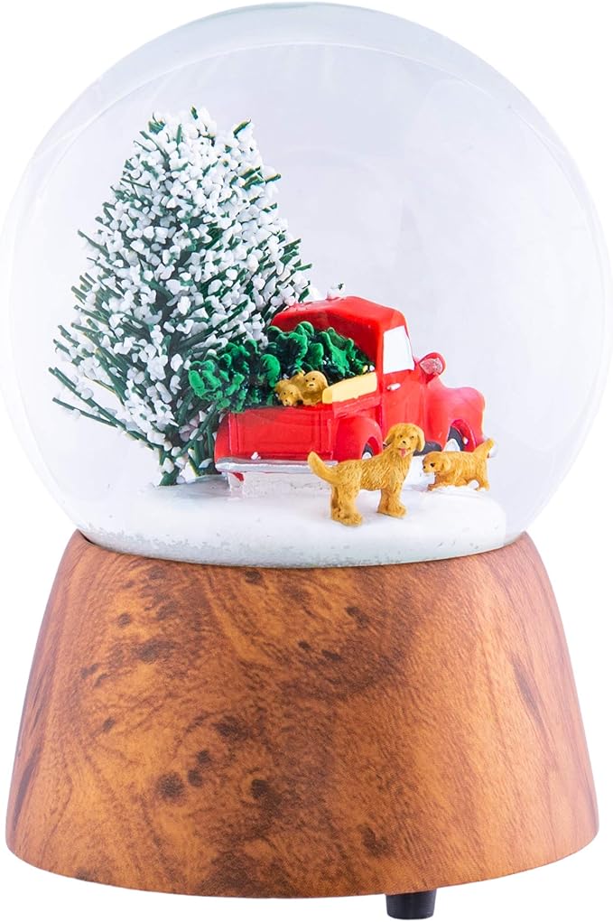 Red Truck With Dogs Cherry Woodgrain 6 x 4 Resin and Metal Holiday Musical Snow Globe