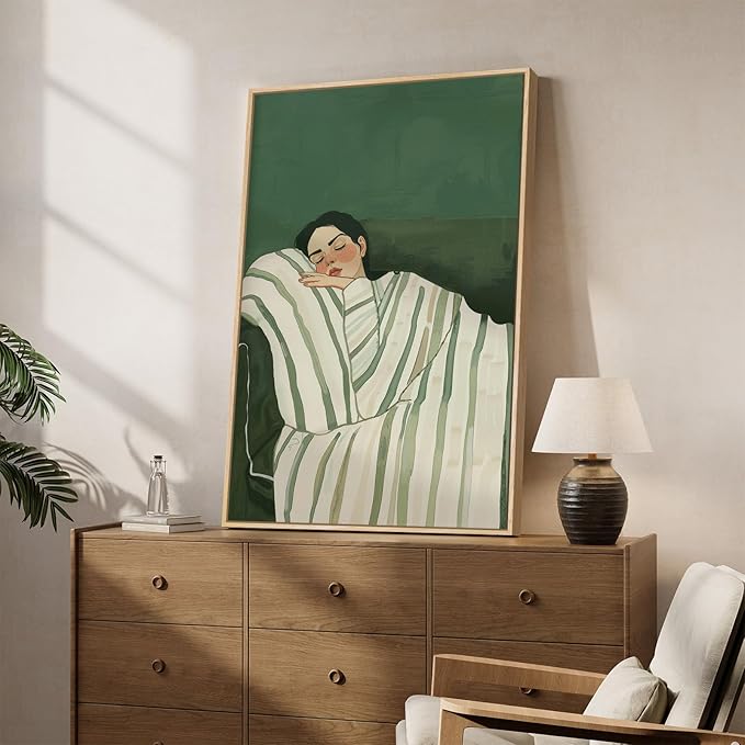 Framed Woman Bedroom Wall Art, Large Cozy Woman Canvas Painting for Room Decor, Relaxing Minimalist Artwork for Walls, Green Picture Print for Nursery Guest Room Hallway Wall Art Decor, 24x36 Inch