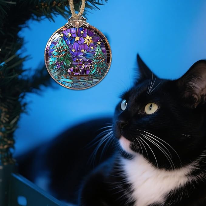 DASTOLL Stained Glass Christmas Decorations, Gold Star Purple Bow Suncatcher for Window Christmas Tree Hanging Ornaments Green Sun Catcher Xmas Decor Gifts for Women Men Mom Nana Friend