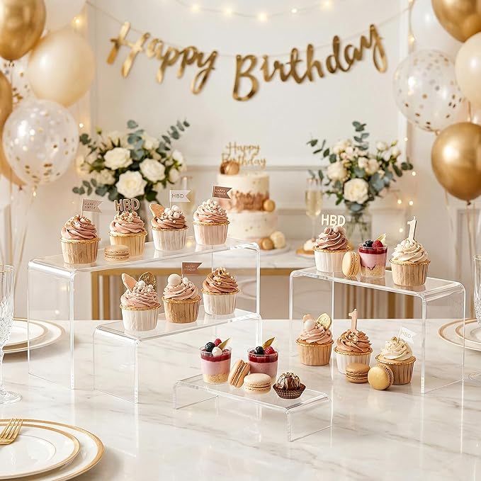 FUNFERY Acrylic Display Risers, 2 Set(7.8" L~8.2" L~8.6" L~9”L) Display Shelf for Figure, Collectibles, Cupcake, Clear Acrylic Stands for Dessert, Jewelry, Candy Showcase, 4 Tier Action Figure Stand