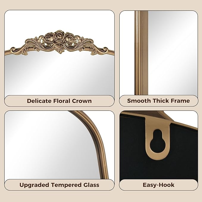 40"x30" Vintage Gold Mirror, Ornate Baroque Mirror with Metal Frame and Rose Floral Crown, Gold Antique Mirror for Fireplace, Living Room, Bedroom, Entryway or Bathroom -Upgrade Tempered Glass
