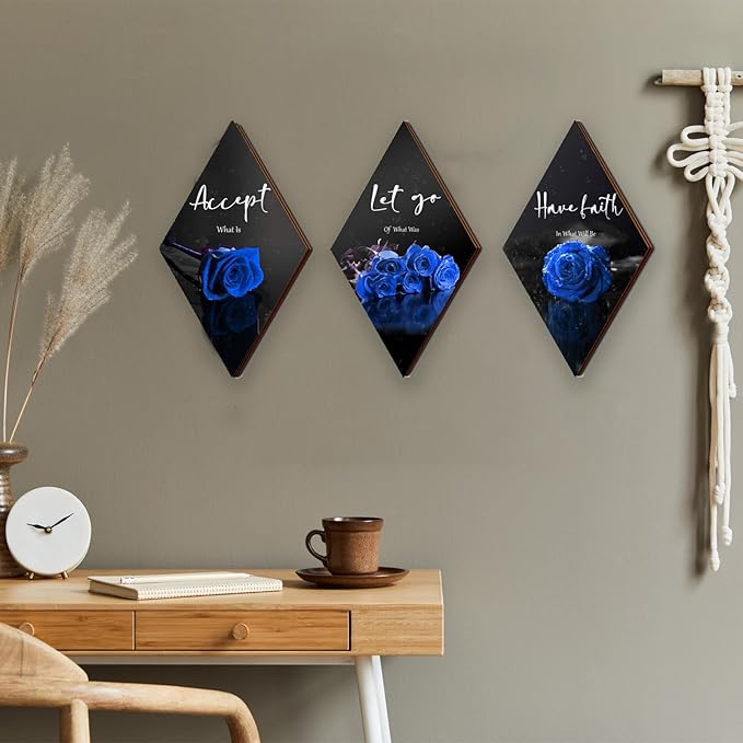 ZINYAZHE 3 Pcs Blue Bathroom Decor Rose Bedroom Wall Decor Farmhouse Inspirational Wood Office Wall Art with Accept Let Go Have Faith Sign for Girl Women Living Room(Blue Rose 12 x 7 Inch)