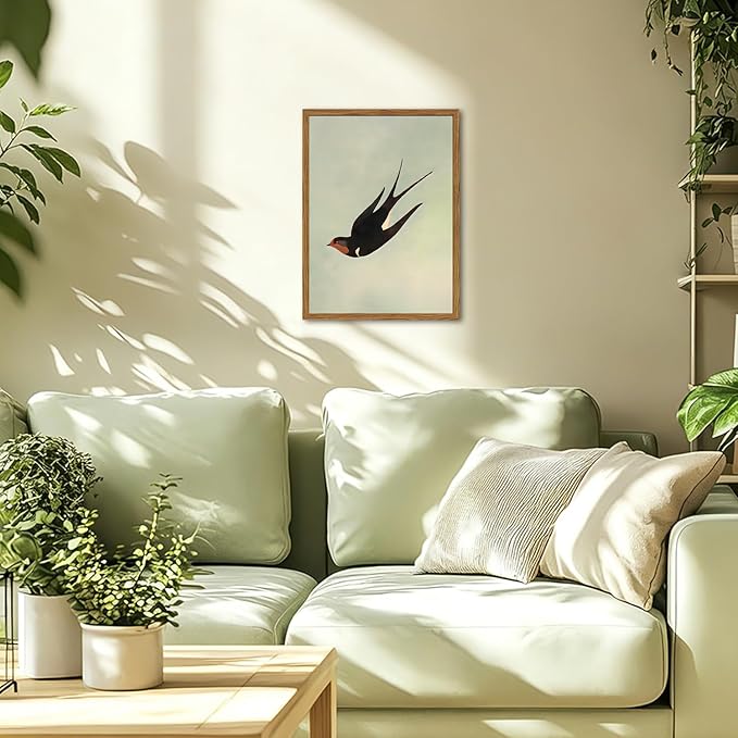 Framed Vintage Bird Wall Art, Sage Green Flying Swallow Pictures Wall Decor, Minimalist Japandi Nature Paintings Canvas Prints Modern Home Decor for Living Room Bedroom Bathroom Office 16x24 Inch