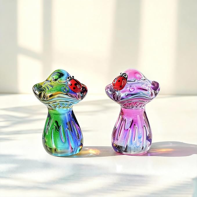 H&D HYALINE & DORA Cute Crystal Mushroom Figurine Mini Colorful Mushroom Ladybug Figurines for Fairy Garden Terrarium Accessories Decor