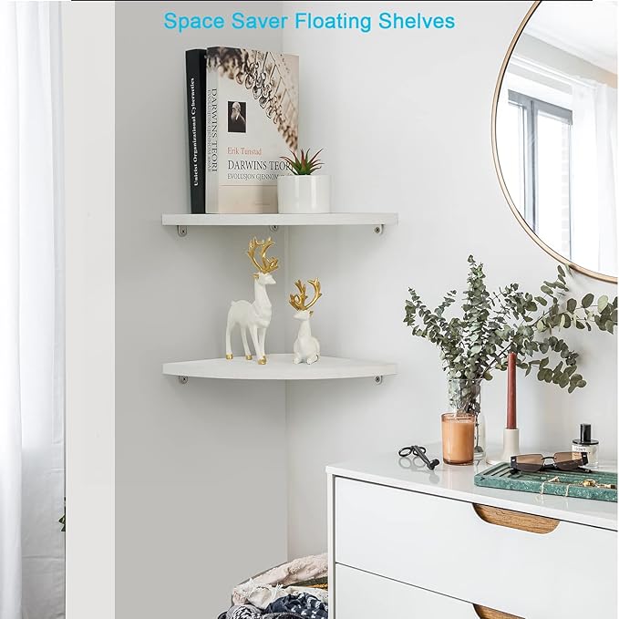 JORIKCHUO 10 inch Corner Wall Shelf Set of 2, Solid Wood Corner Floating Shelves for Wall, Round End Wall Mounted Floating Shelf for Bedroom, Living Room and Kitchen (White-10 inch)