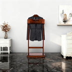 Valet Stand for Men, Wood Suit Valet Stand with Drawer for Women Wood Clothing valet stand with Top Tray, Contour Hanger, Trouser Bar and Shoe Rack Organizer