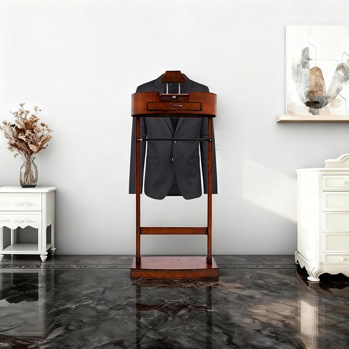 Valet Stand for Men, Wood Suit Valet Stand with Drawer for Women Wood Clothing valet stand with Top Tray, Contour Hanger, Trouser Bar and Shoe Rack Organizer