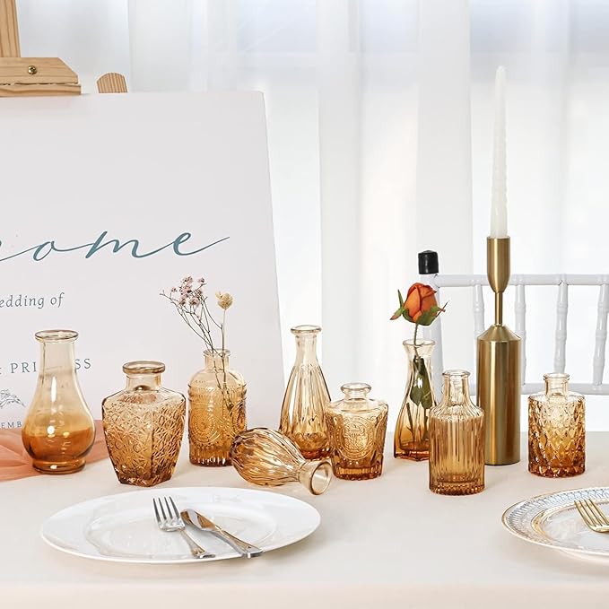 12 Pack Amber Gold Glass Bud Vase Set, Small Vintage Vases for Centerpieces, Decorative Flower Vases for Wedding Home Table Decor
