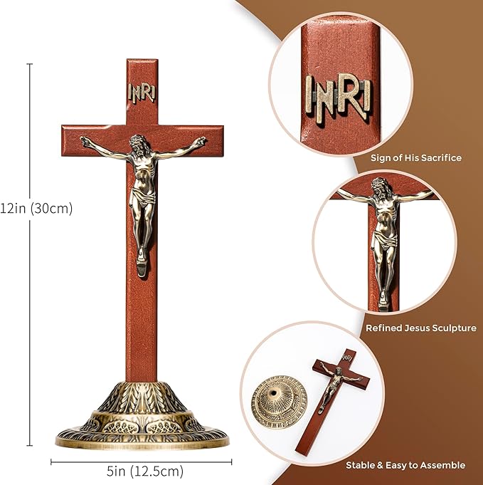 ACHIBANG 12" Crucifix Wall Cross with Stand – Catholic Wooden Standing and Hanging Jesus Cross with INRI for Home or Prayer Room
