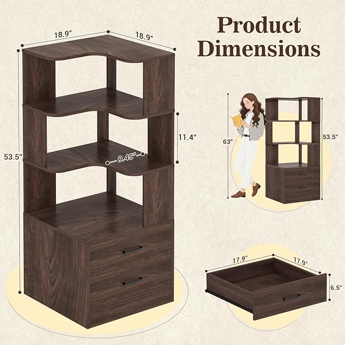 Armocity Corner Bookshelf with Drawers, 6 Tier Corner Book Shelf Display Bookcase, Freestanding L Shaped Bookshelf for Bedroom, Living Room, Home Office, Black Walnut