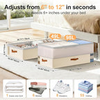 Under Bed Storage Bins - 98L Height-adjustable Under Bed Storage Containers, Compression Blanket Storage Comforter Storage Sweater Storage, Clothes Storage Bins With Clear Window, 2 Pack Beige