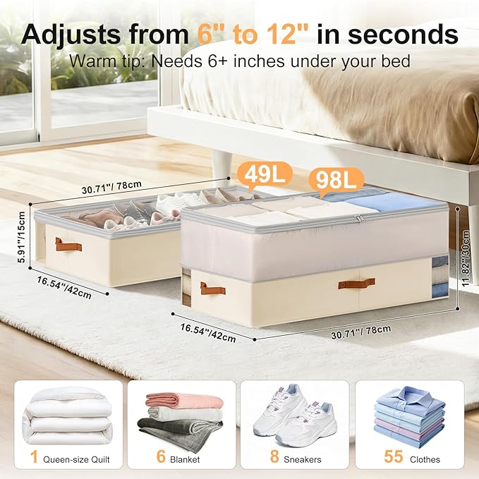 Under Bed Storage Bins - 98L Height-adjustable Under Bed Storage Containers, Compression Blanket Storage Comforter Storage Sweater Storage, Clothes Storage Bins With Clear Window, 2 Pack Beige