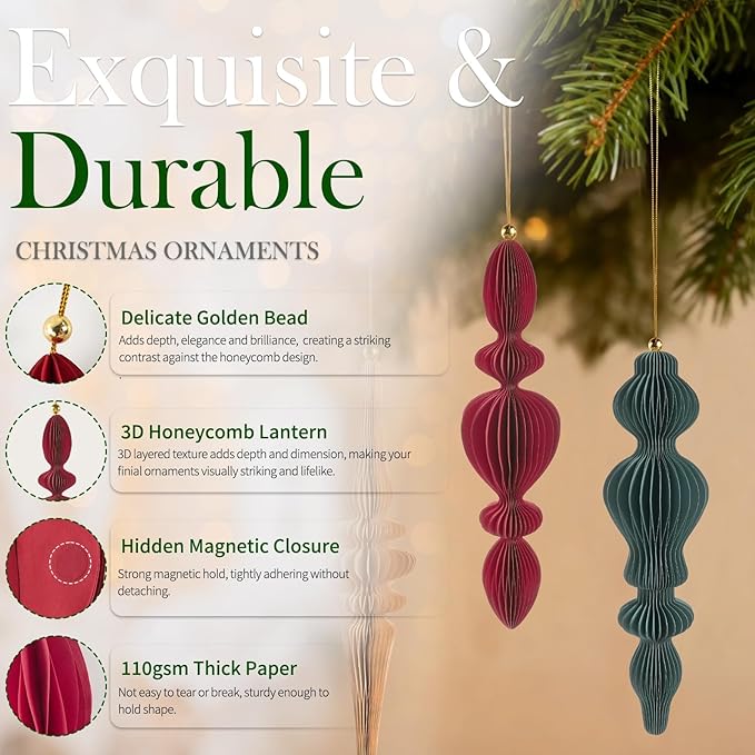 12Pcs Finial Christmas Ornaments for Tree, 3D Paper Honeycomb Hanging Decorations Neutral Boho Christmas Honeycomb Ornaments Lanterns for Xmas Tree Winter Wedding New Year Holiday Party Home Decor