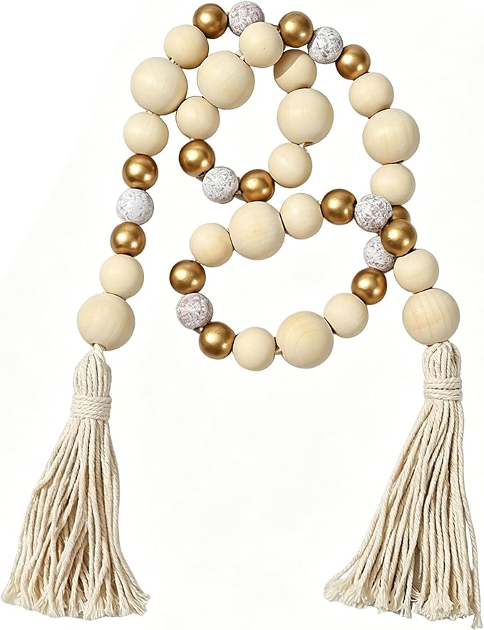 Wood Bead Garland with Tassel, Farmhouse Beads Rustic Country Decor, Boho Chic Wall Hanging Home Decor for Wall, Above Cabinet & Table