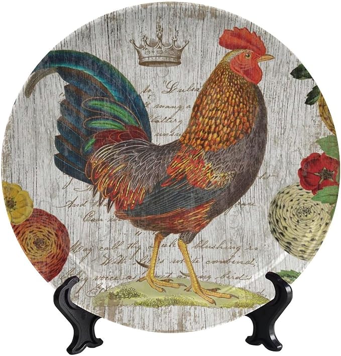 Rooster Decorative Plates, 10 Inch, Crown Chicken In Flowers Round Display Plate, Hanging Decorative Plate with Display Stand, for Home Kitchen Bedroom Decorative Ornaments