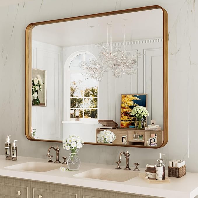 LOAAO 40X24 Inch Bathroom Mirror with Wood Grain Colored Metal Frame, Rounded Rectangle Metal Framed Bathroom Mirror, Anti-Rust, Hangs Horizontally or Vertically