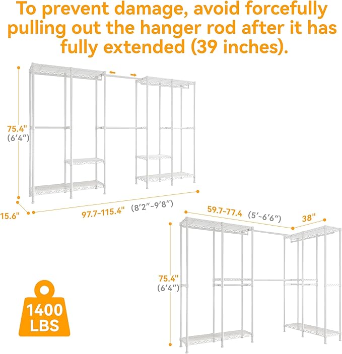 H5 Pro Heavy Duty Clothes Rack Wardrobe Closet for Hanging Clothes, Freestanding Garment Rack with Expandable Hanger Rods, Closet Organizer and Storage, (97.7-115.4")L x 15.7"W x 75.4"H, White