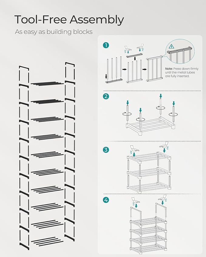 SONGMICS Shoe Rack, 10-Tier Shoe Organizer, Metal Storage Shelf, Upright or Upside Down, for 11-22 Pairs, for Entryway, 11.8 x 17.7 x 68.5 Inches, Black ULSA25BK