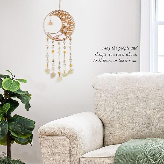Yellow Gemstone Dream Catcher 7 Chakras Tree of Life Moon Dream Catchers with Healing Crystal Stones Handmade Suncatcher Dreamcatcher Wall Decor for Adults Living Room,Bedroom,Garden,Bless Gift