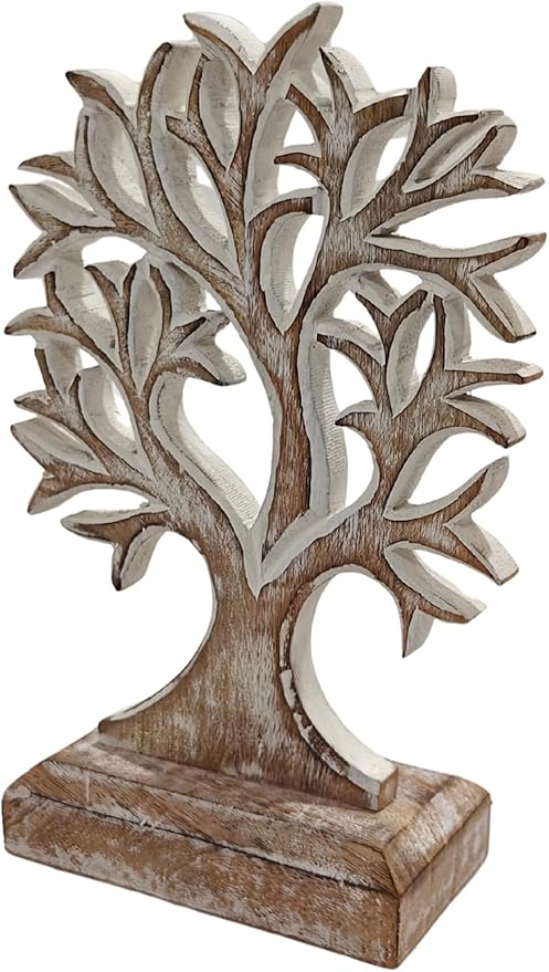 VANIYA CRAFTS® Wooden Tree of Life Decor – Handmade Carved Sculpture Statue for Home Decor, Living Room, Bedroom, Office Desk, or Shelf Display (Antique White)