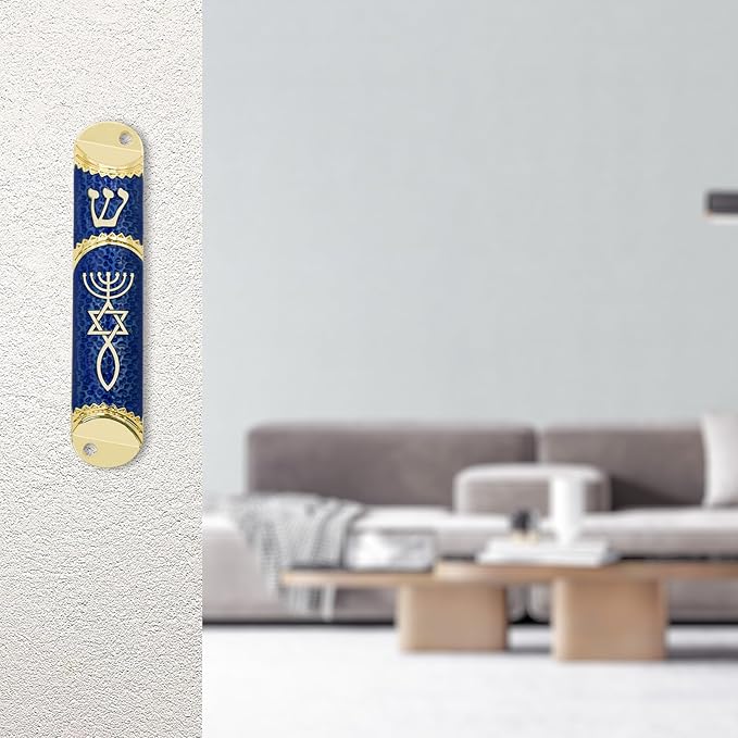 Mezuzah with Scroll for Door, Metal Mezuzah Case with Messianic Seal for Hebrew Home Blessing, Jewish Gifts, Jewish House Warming Decor, Christmas, Easter (Blue)