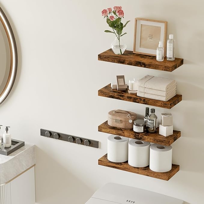 Fixwal Wood Floating Shelves, Wall Shelves Set of 4, Shelves for Wall Decor, with Invisible Brackets for Bathroom, Living Room,Bedroom and Kitchen(15.7in, Rustic Brown)