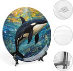 Decorative Plates for Wall Hanging, Underwater Whale Stained Glass Painting Ceramic Plate w/Display Stand, Home Decor for Kitchen Cabinets, Farmhouse Round Tray 8 Inch, Gift for Whale Lover