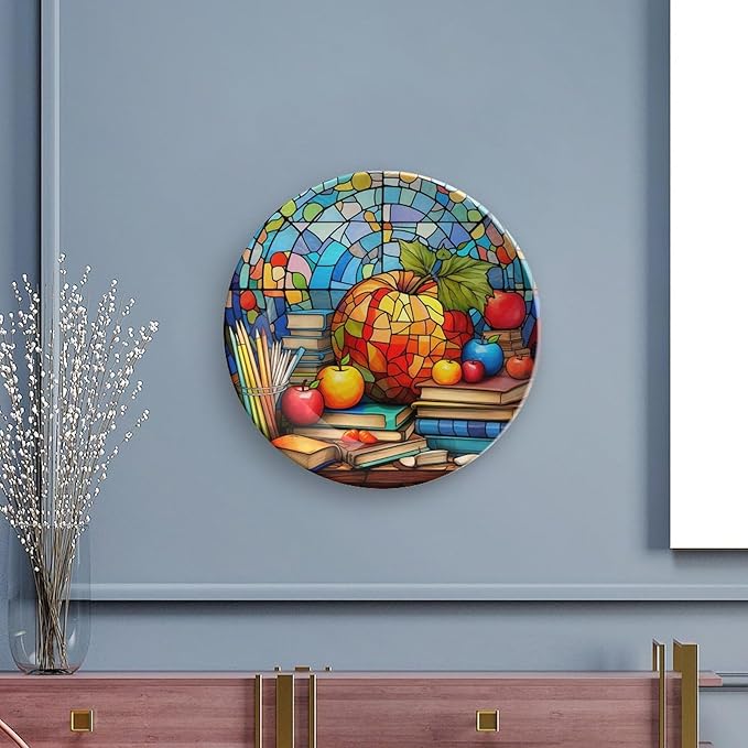 Decorative Plates for Wall Hanging, Back to School Stained Glass Painting Ceramic Plate w/ Display Stand, Home Decor for Kitchen Cabinets, Farmhouse Round Tray 7 Inch, Gift for Teacher Or Student