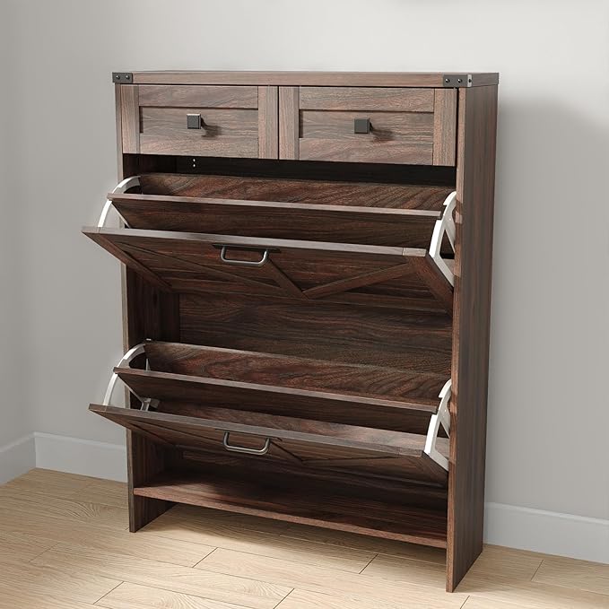 Shoe Cabinet with 2 Flip Drawers & 2 Drawers,Farmhouse Shoe Storage Cabinet for Entryway,Slim Freestanding Narrow Organizer Rack for Front Door Entrance,Dark Walnut