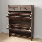 Shoe Cabinet with 2 Flip Drawers & 2 Drawers,Farmhouse Shoe Storage Cabinet for Entryway,Slim Freestanding Narrow Organizer Rack for Front Door Entrance,Dark Walnut