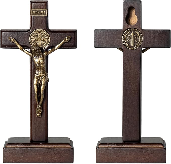 KUXBET Wood Standing Cross 5inch Small Crucifix- Jesus Christ Wall Hanging Cross Crucifix for Table or Wall Home Decoration