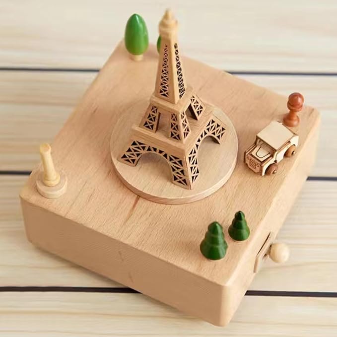 Natural Solid Wood Handcrafted Beech Wooden, Musical FigureTotoro/Carousel/Fairy/Ballerina Figurine,Rotating Hand Crank Mechanism Music Box,Musical Decorations (Eiffel Tower)