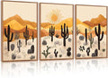 KAIRNE Cactus Canvas Wall Art,Desert Landscape Paintings,Aesthetic Abstract Prints Set of 3(16”X24”),Minimalist Farmhouse Wall Decor,Abstract Boho Artwork for Living Room Bedroom Office Decoration