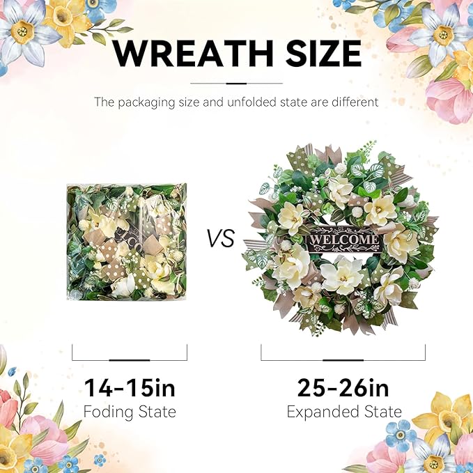 Spring Summer Wreaths for Front Door Outside 26 Inch, Magnolia Summer Wreath with Ribbons and Welcome Sign, Farmhouse Outdoor Spring & Summer Door Wreath for Front Door, Neutral Floral Decor