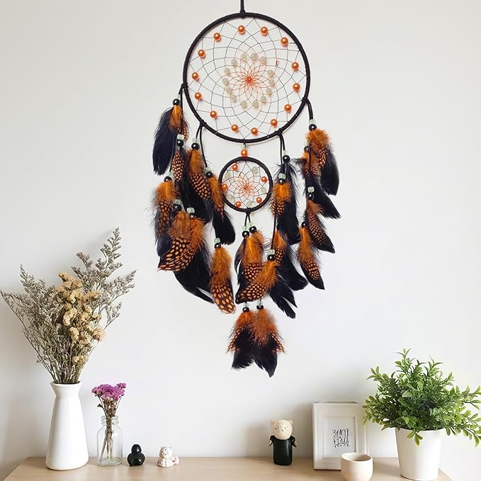 Orange and Black Dream Catcher Wall Decor Feather Dream Catchers with Luminous Bead Handmade Dreamcatcher Wall Hanging Ornament for Bedroom Living Room Home Decor