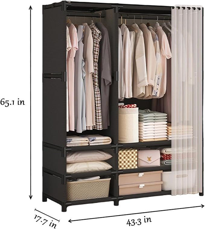Portable Closet,Portable Closets for Hanging Clothes,Japanese Style Wardrobe with 2 Hanging Rods,6 Storage Shelves,43.3" L x 17.7" W x 65.1" H,Black