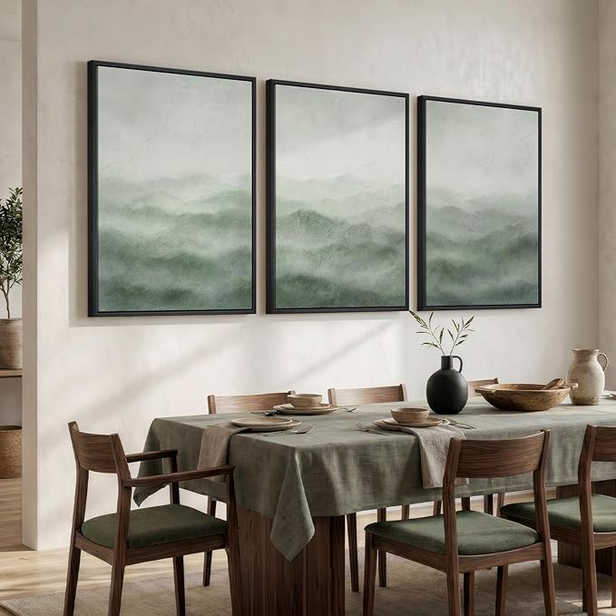 Large Framed Green Abstract Landscape Canvas Wall Art for Living Room, 3 Piece Modern Prints Paintings Artwork for Walls, Minimalist Nature Mountain Pictures Wall Decor for Bedroom, Office 24x36 In