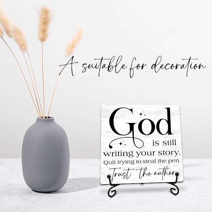 God Is Still Writing Your Story Wooden Sign - 5" Christian Wooden Plaque With Metal Support - Rustic Tabletop Home, Office Room Decor - Gifts For Family & Friends - A05