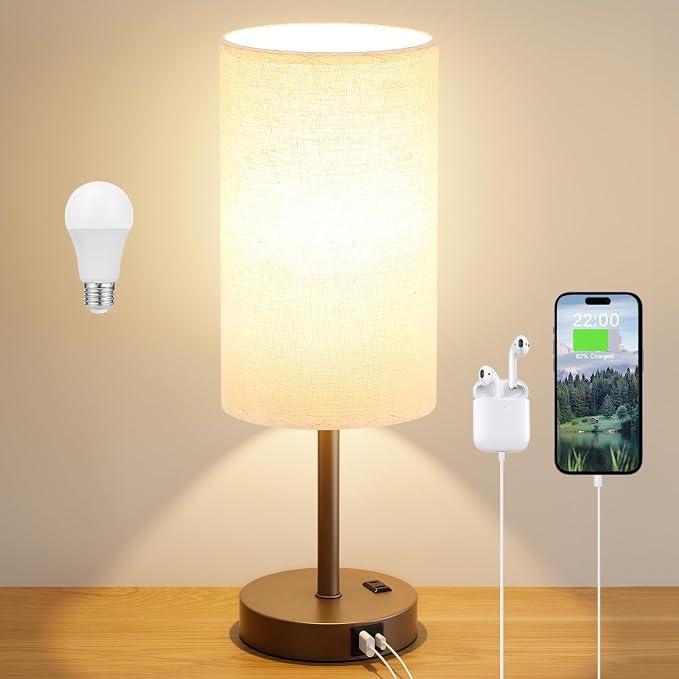 Dicoool Touch Bedside Table Lamp with USB - 3 Way Dimmable Brown Lamp for Bedroom Nightstand, Desk Lamp with Charging Station for Dorm, Office, Kids Room, Living Room