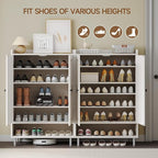ONBRILL Shoe Storage Cabinet with Cross Molding Doors, 6-Tier Farmhouse Shoe Cabinet with 3 Adjustable Shelves and Metal Legs, 45'' Tall Shoes Rack Organizer Cabinet for Entryway, Front Door, White