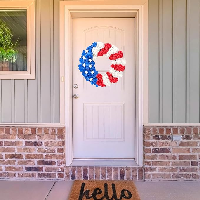 Patriotic Wreath for Front Door Red White Blue Wreath 4th of July Wreaths for Door Wall Memorial Day Decor Independence Day Hanging Decoration for Outside Home Farmhouse Holiday (Flower)