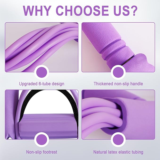 Pedal Resistance Bands with Handles, Upgrade 6-Tubes Manual Tension Training Pedal, Natural Rubber Multifunction Fitness Bands for Abdomen/Waist/Arm/Leg Stretching Slimming Training (Purple)