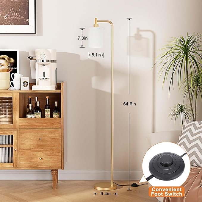 Ziisee Floor Lamps for Living Room - Industrial Standing Lamp with Frosted White Glass Shade, Modern Gold Floor Lamp with LED Bulbs, Farmhouse Floor Lamp for Bedroom, Tall Lamp for Office - Gold