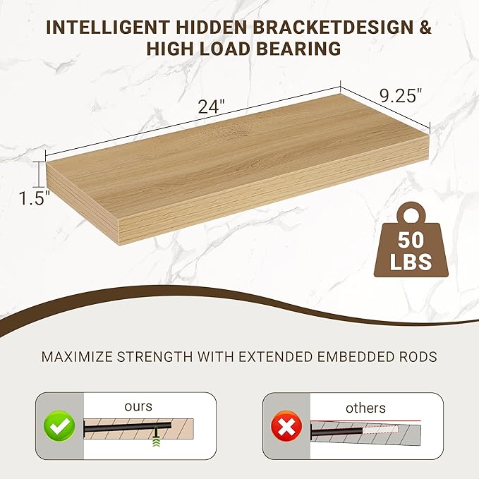 Acovy 24 Inch Floating Shelves, 3D Textured Wood Grain, 24"x9.25"x1.5" Inch Deep Floating Shelves for Wall, Wooden Shelves for Bathroom, Bedroom, Living Room, Natural, 2 Pieces
